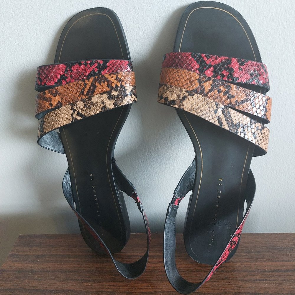 ZARA TRAFALUC Women's Faux Leather Tri-Colors Snakeskin Print Sandals - Size 8
